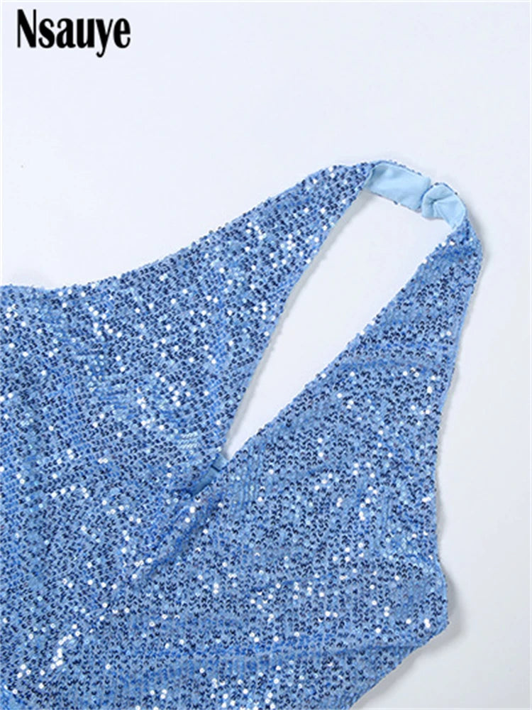 Nsauye Women Aesthetic Tassel Sequins Glitter Blue Long Dresses Party Elegant Evening Sleeveless Backless Halter Summer Dress