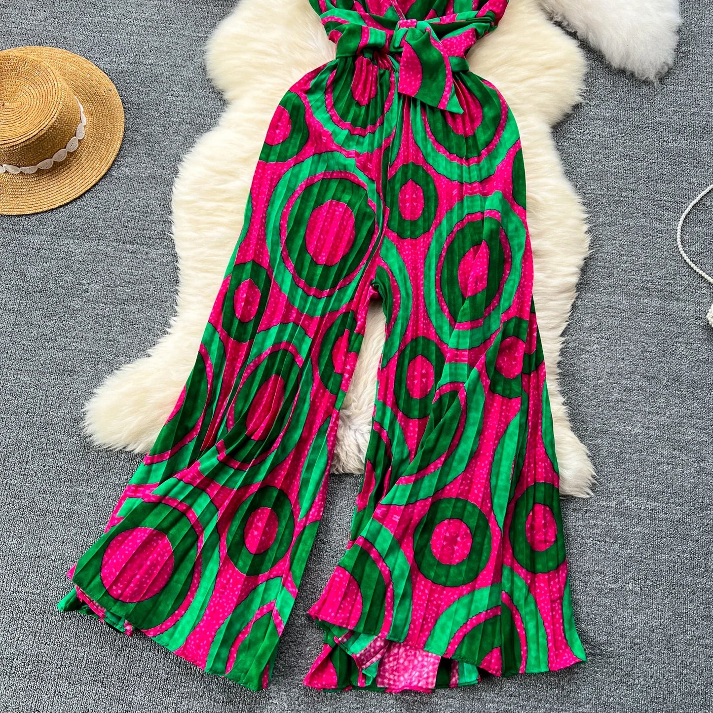 Summer Elegant Women Abstract Print Jumpsuit Chic Streetwear Wide Leg Romper Mujer V Neck Bodycon Sleeveless High Jumps