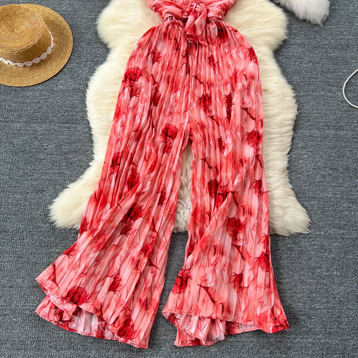 Summer Elegant Women Abstract Print Jumpsuit Chic Streetwear Wide Leg Romper Mujer V Neck Bodycon Sleeveless High Jumps