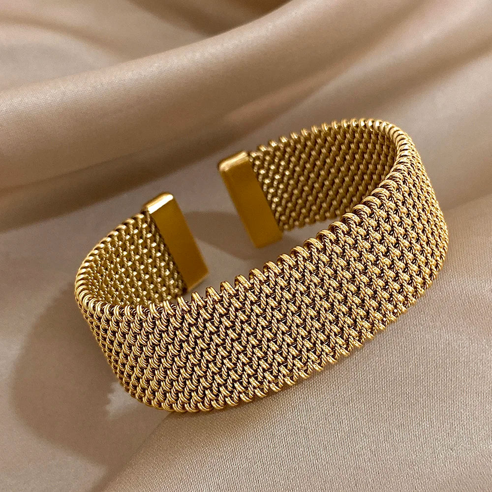 Vintage Weave Golden Cuff Bracelets for Women Elegant Trendy Stainless Steel Chunky Bracelet Bangle Waterproof Jewelry Gifts