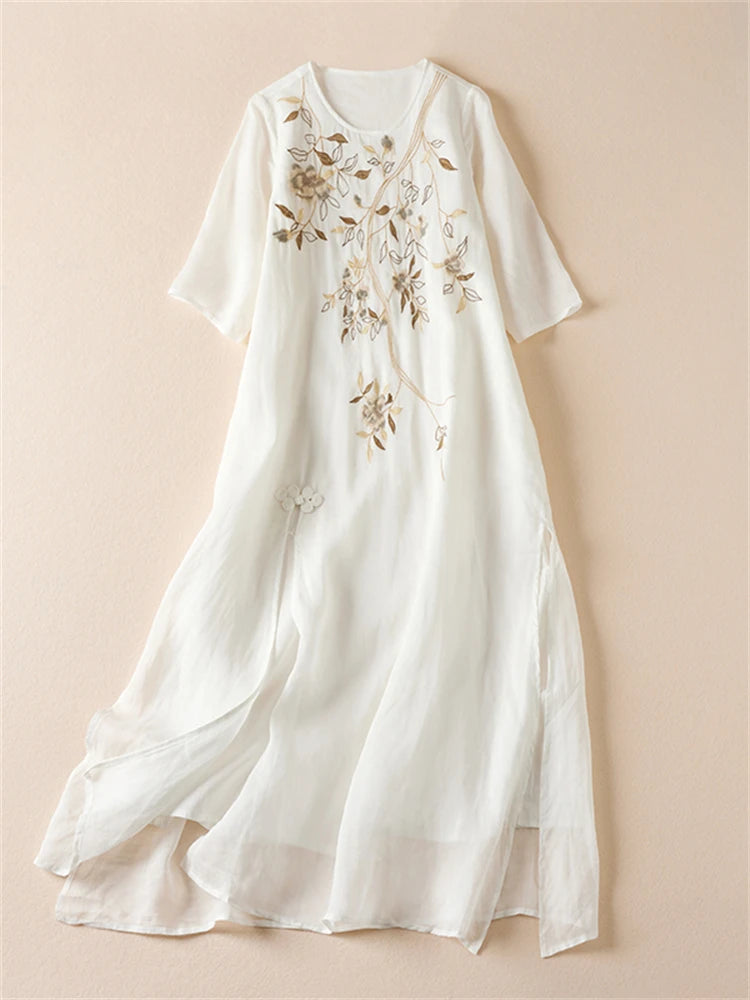 Summer Print Vintage Dresses For Women 2026 New Casual Long Thin Breathable Dress Femme Robe Office Lady Work Elegant Clothing