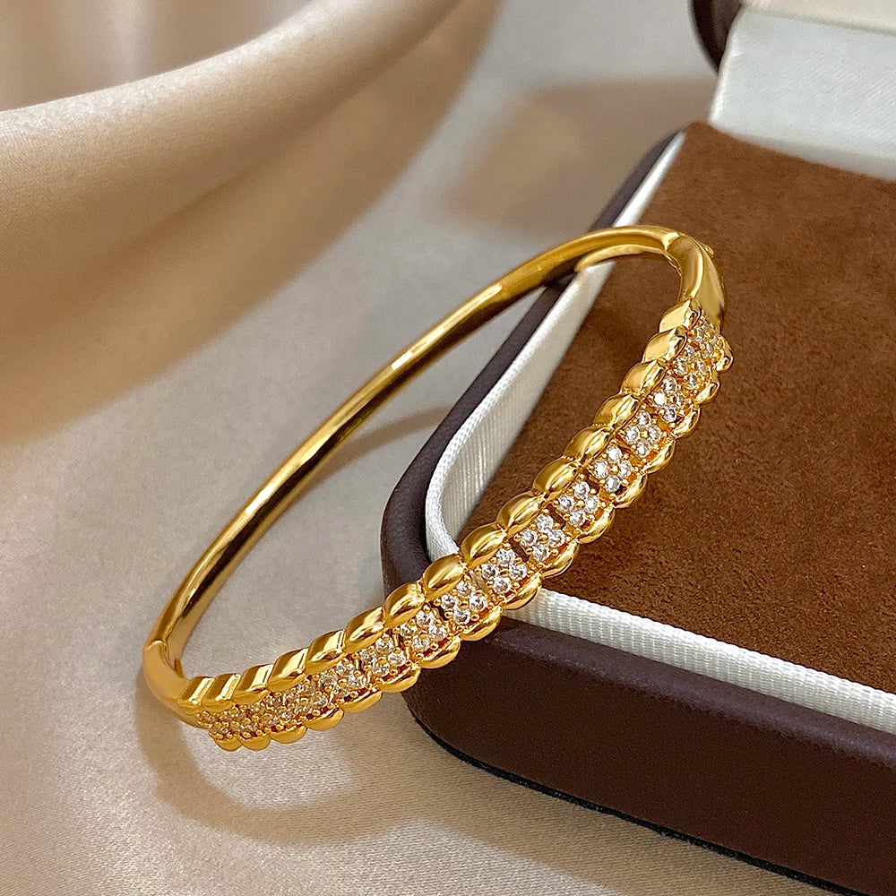 Luxury Multilayer Micro Inlaid Zircon Cuff Bracelet for Women Elegant Gold Plated Copper Stacked Bracelets Fashion Jewelry