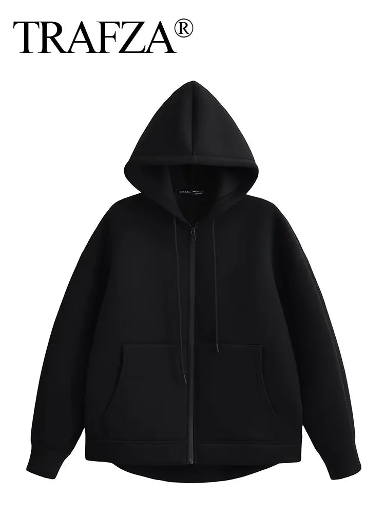 جاكيت TRAFZA رمادي للنساء للخريف مع غطاء للرأس وأكمام طويلة وجيوب كبيرة وسحاب ومعطف نسائي فضفاض غير رسمي وقمصان خارجية 