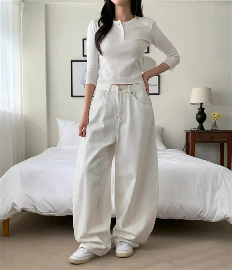 Loose Women's Denim Jeans Ba ket  Knot Design Spring New Sle Casual High Waist Wide Leg Pants Pure Color