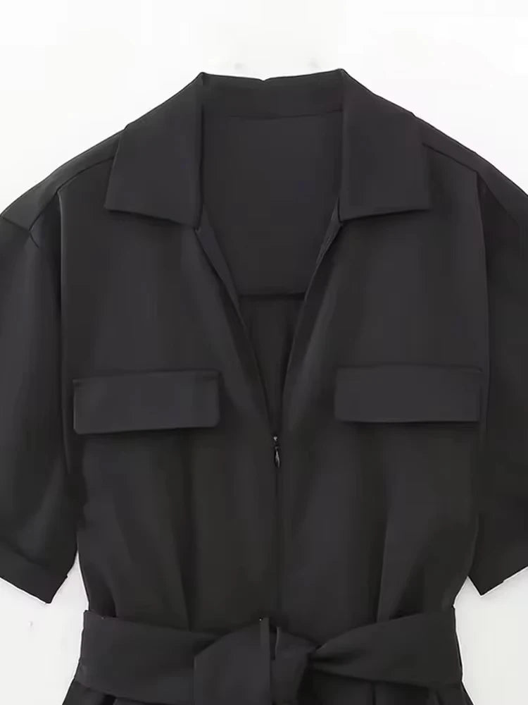 جمبسوت نسائي TRZA عصري بحزام وسحاب أمامي وأكمام قصيرة وجيوب جانبية 