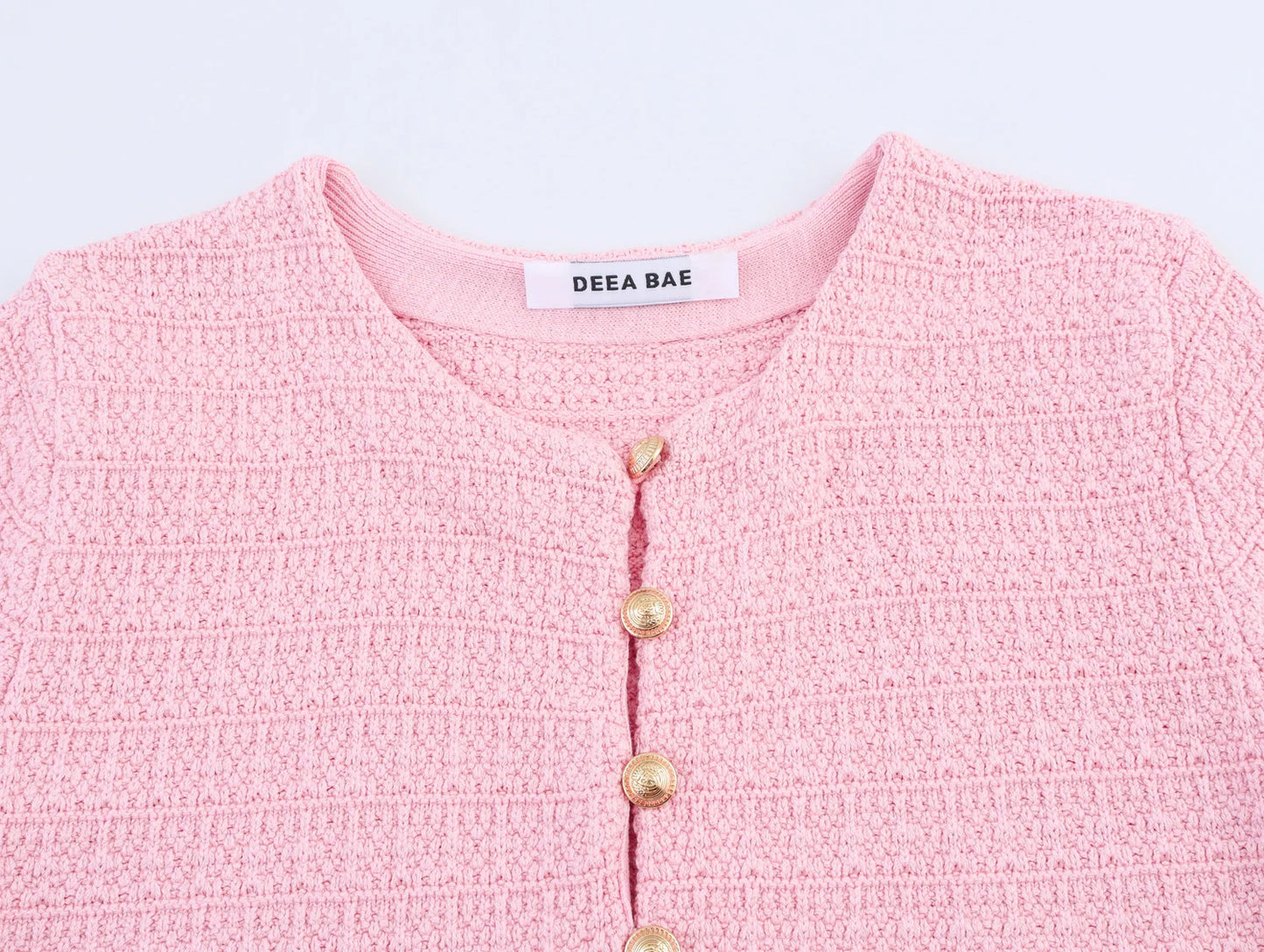DEEABAE Autumn And Winter New Round Neck Buckle Decoration Gentle and Versatile Short Sleeve Knitted Cardigan Half Skirt Set