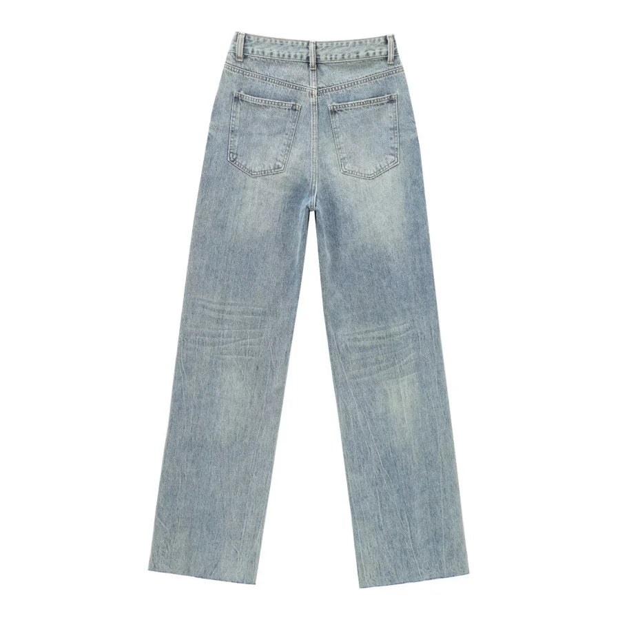 TRAF Wide-leg high-waisted jeans  women's classic everything with five pockets washed soft comfortable ultra-long jeans6045022