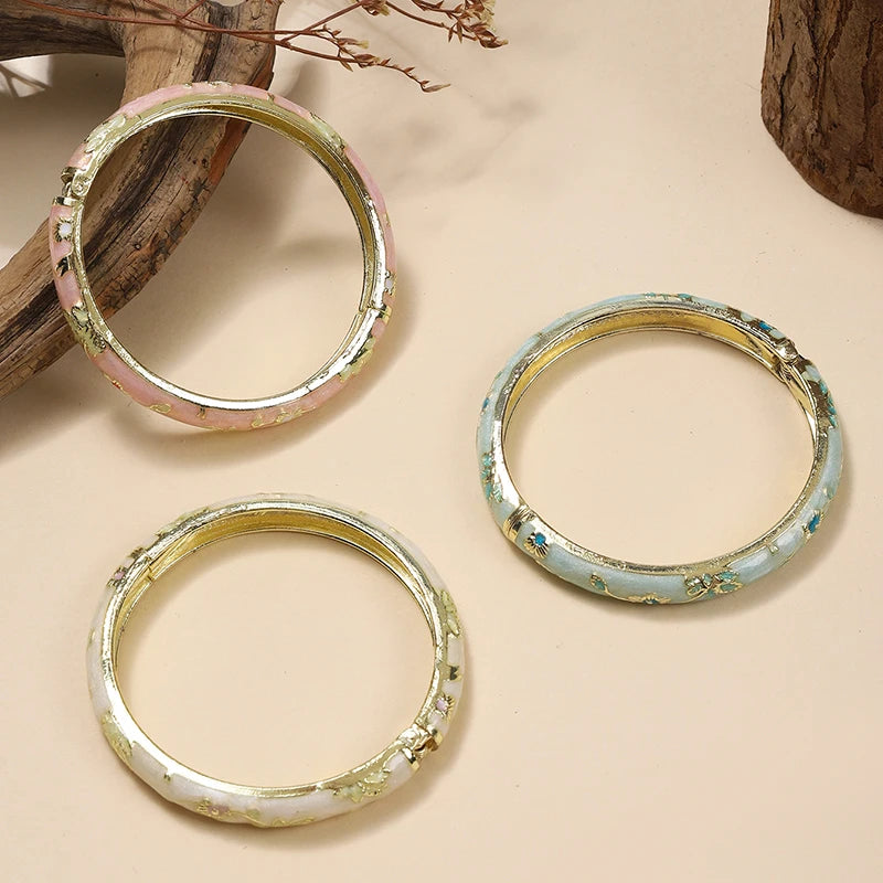 FTCY  3 Pcs Fine small Flower enamel bracelet For Women  Retro Cloisonne Bangle Gold Color Plated Bracelet For Girls Luxury Jewe
