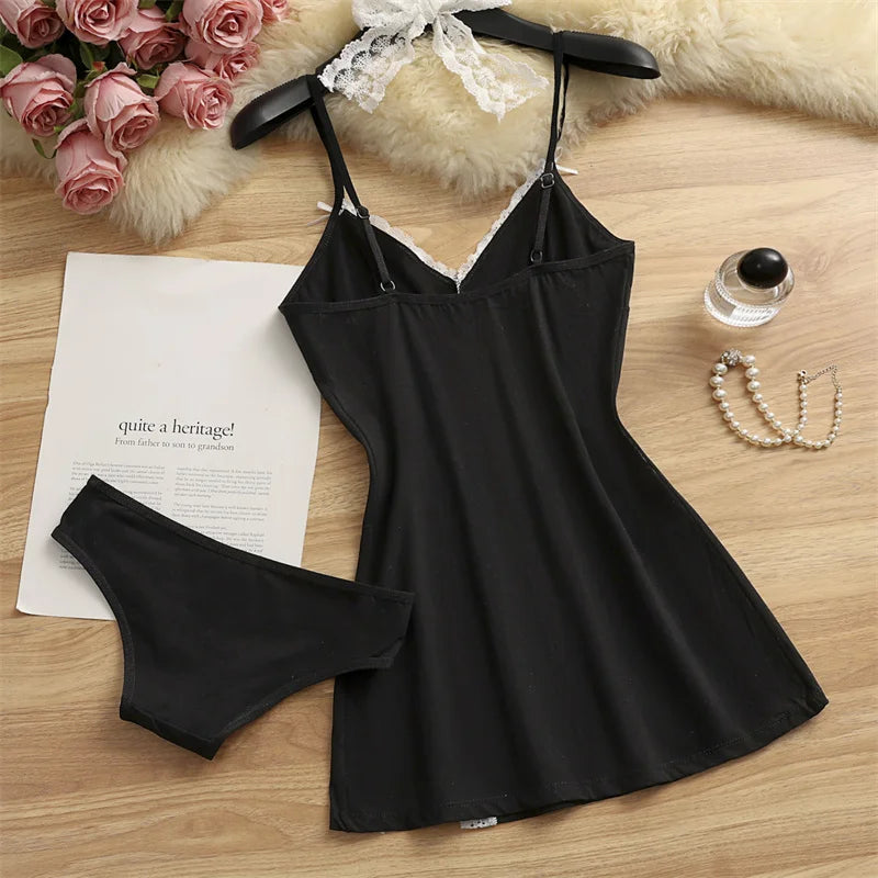 Women Pajama Cotton Suspender Nightdress 2 Pieces Pajama Set Cute Lace Nightgowns Bow Summer Sleepwear V-neck Slit Pajamas Dress
