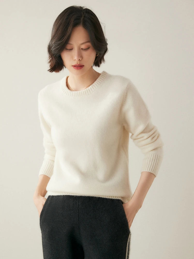 Chic O-Neck 100% Cashmere Sweater Women's Solid Color Pullover Autumn Winter Basic Casual Clothing Thick Warm knitwear Soft Tops