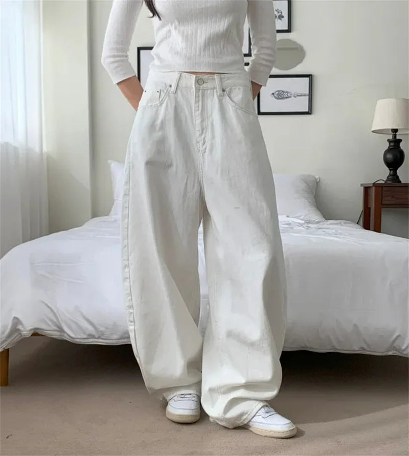 Loose Women's Denim Jeans Ba ket  Knot Design Spring New Sle Casual High Waist Wide Leg Pants Pure Color