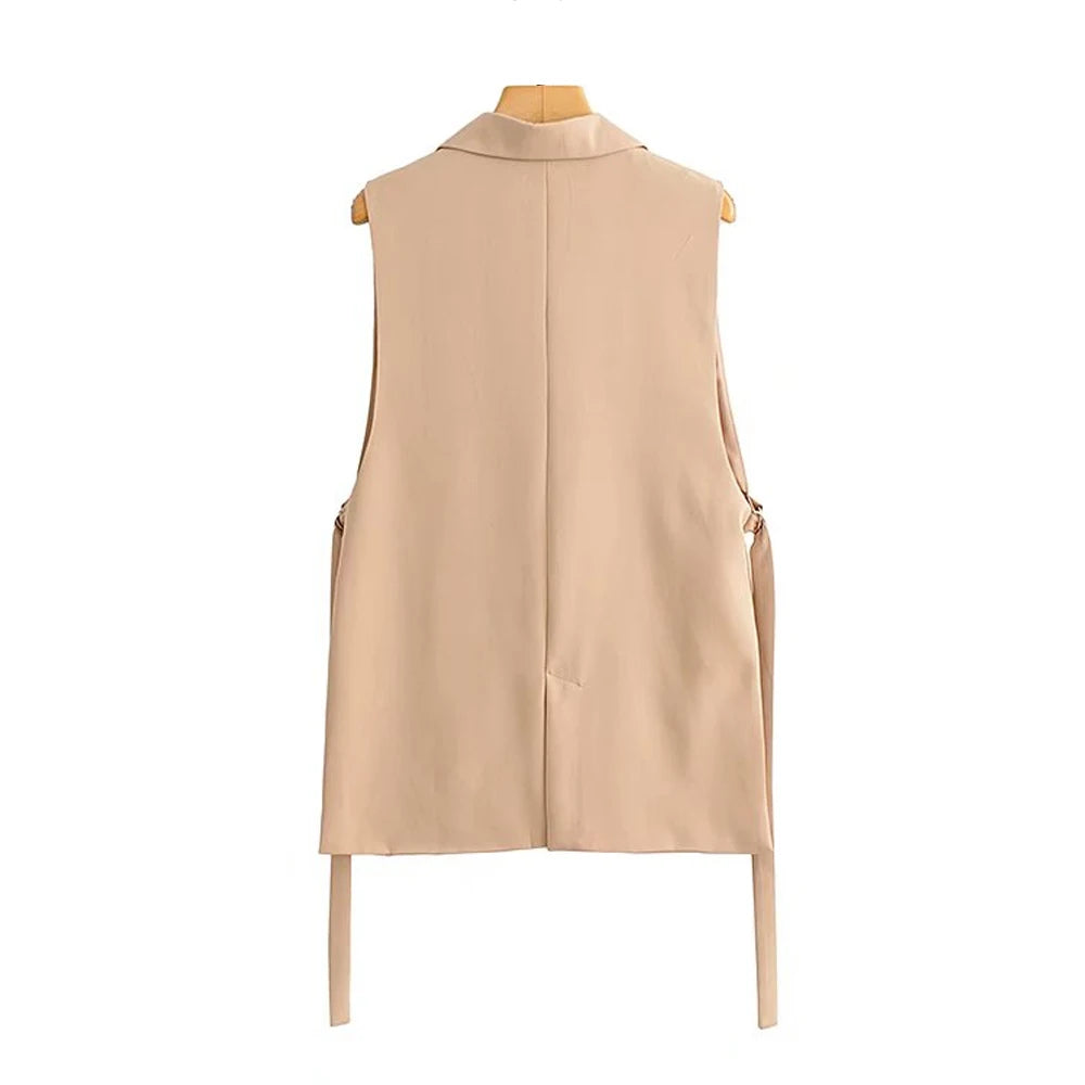 TRZA Women Fashion With Taps Side Vents Waistcoat Vintage Sleeveless Front Button Female Outerwear Chic Vest Tops