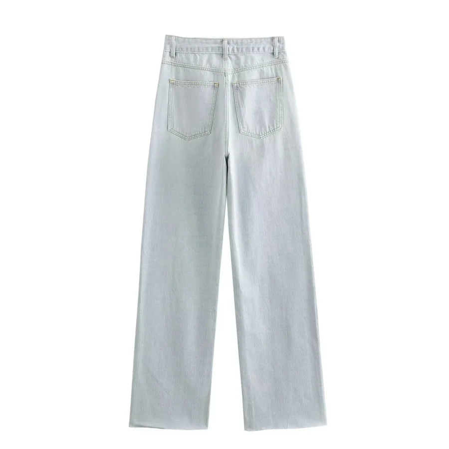 TRAF Wide-leg high-waisted jeans  women's classic everything with five pockets washed soft comfortable ultra-long jeans6045022