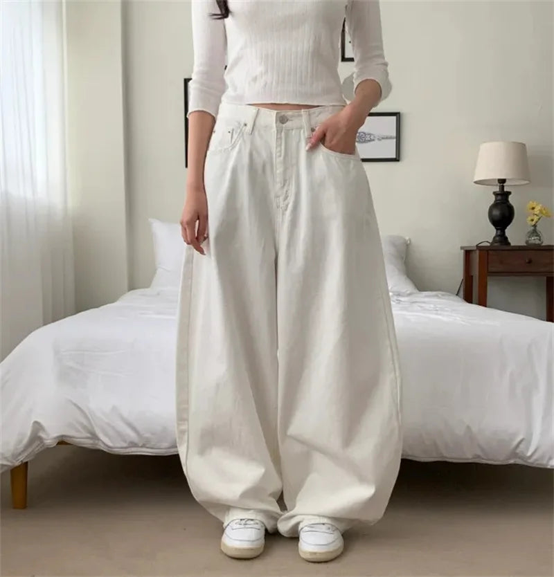 Loose Women's Denim Jeans Ba ket  Knot Design Spring New Sle Casual High Waist Wide Leg Pants Pure Color