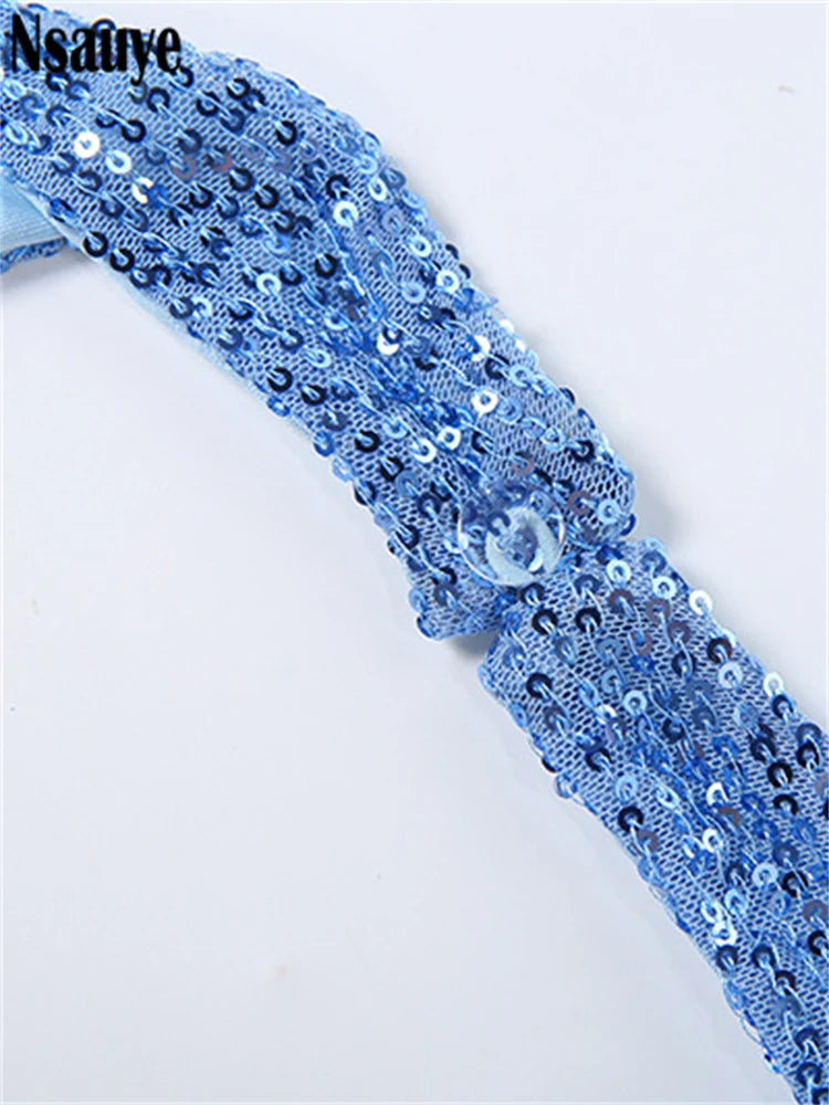 Nsauye Women Aesthetic Tassel Sequins Glitter Blue Long Dresses Party Elegant Evening Sleeveless Backless Halter Summer Dress
