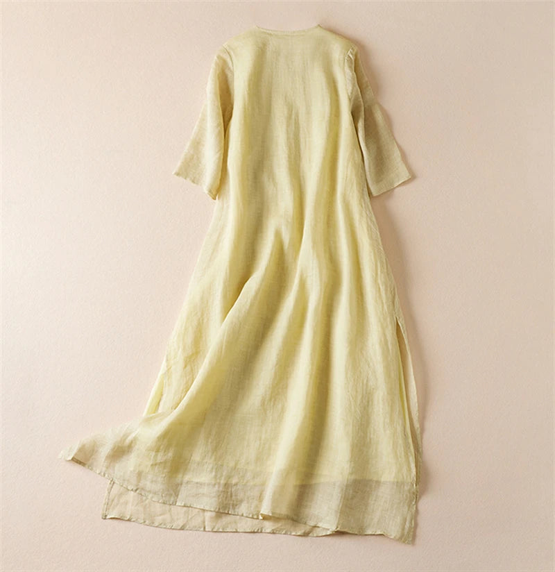 Summer Print Vintage Dresses For Women 2026 New Casual Long Thin Breathable Dress Femme Robe Office Lady Work Elegant Clothing