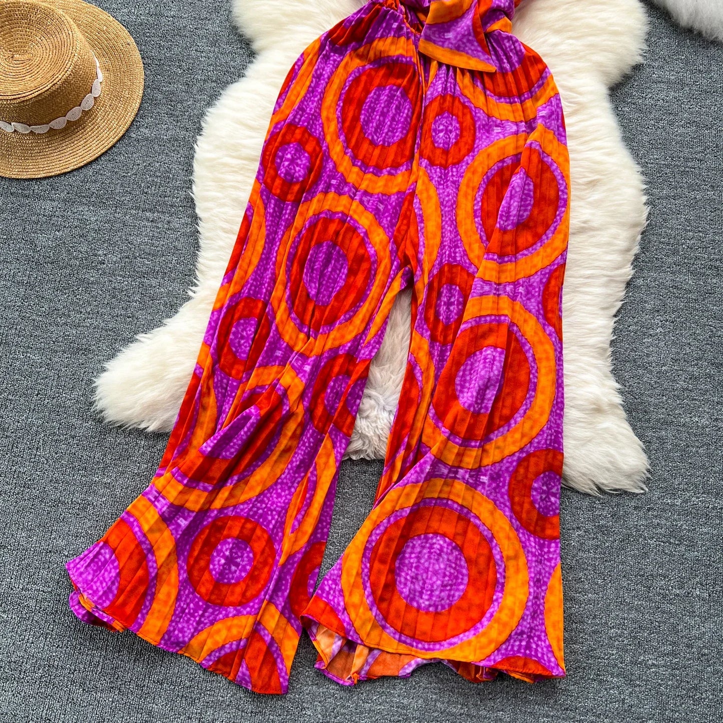 Summer Elegant Women Abstract Print Jumpsuit Chic Streetwear Wide Leg Romper Mujer V Neck Bodycon Sleeveless High Jumps