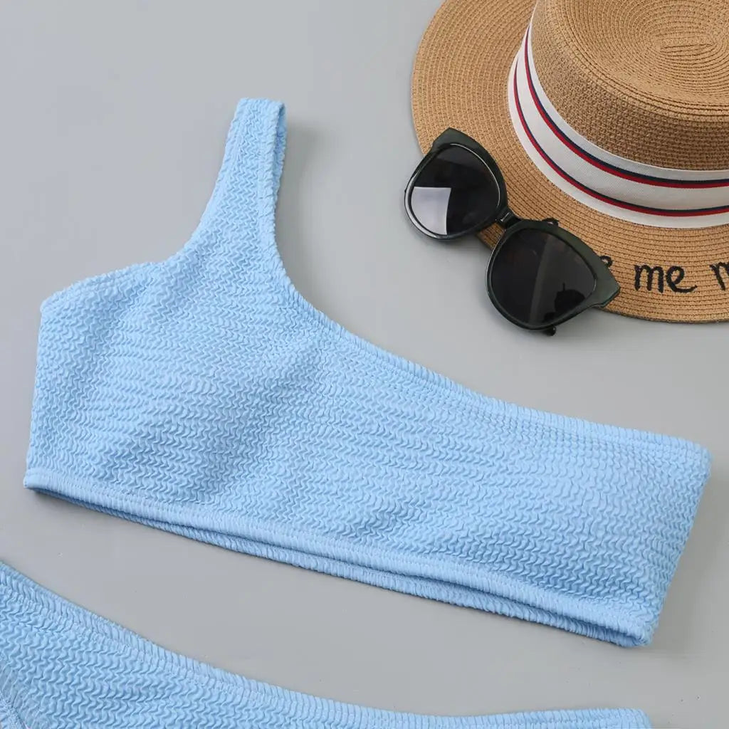 One Shoulder Bikinis 2025 Women Sexy Swimwear Female Brazilian Swimsuit Solid Beachwear Bathers Bathing Swimming Swim Suit