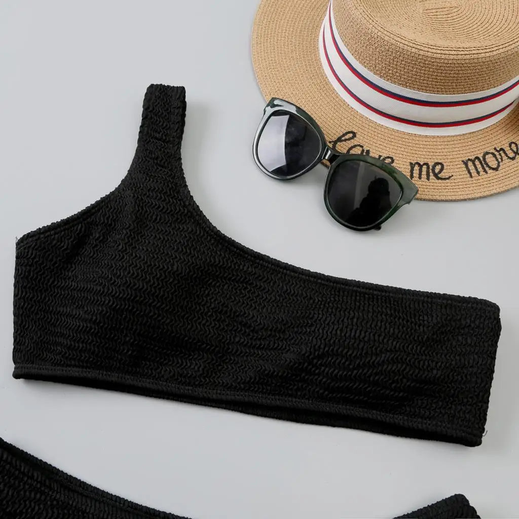 One Shoulder Bikinis 2025 Women Sexy Swimwear Female Brazilian Swimsuit Solid Beachwear Bathers Bathing Swimming Swim Suit