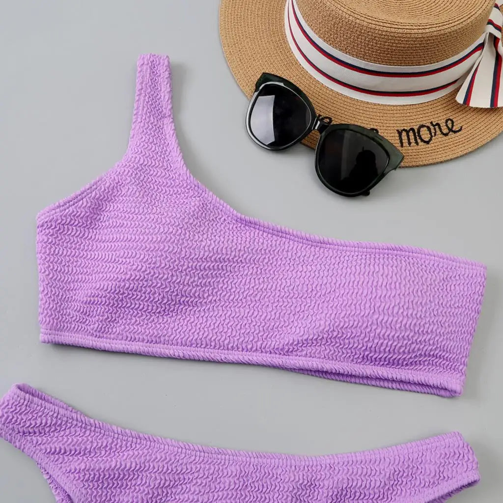 One Shoulder Bikinis 2025 Women Sexy Swimwear Female Brazilian Swimsuit Solid Beachwear Bathers Bathing Swimming Swim Suit