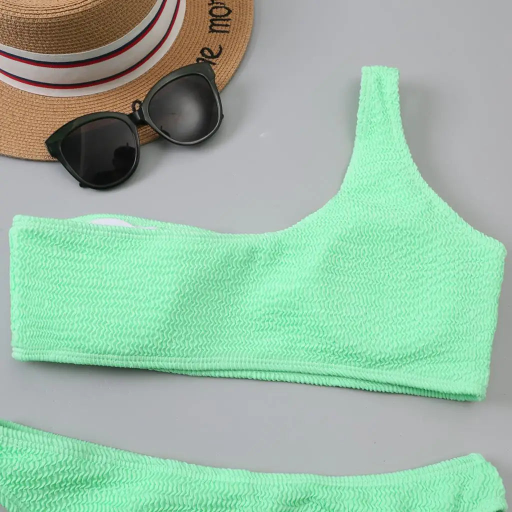 One Shoulder Bikinis 2025 Women Sexy Swimwear Female Brazilian Swimsuit Solid Beachwear Bathers Bathing Swimming Swim Suit