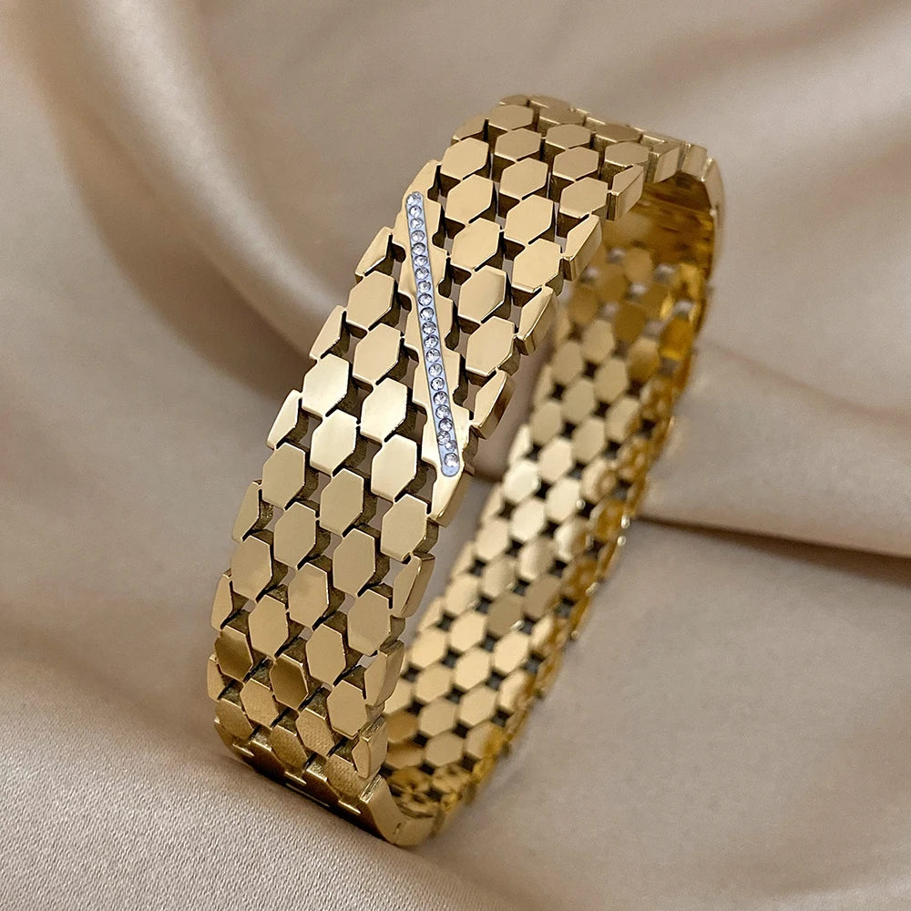 Luxury Charm Stainless Steel Cuff Bracelet for Women Fashion Zircon Geometric Gold Silver Color Wrist Bangles Waterproof Jewelry