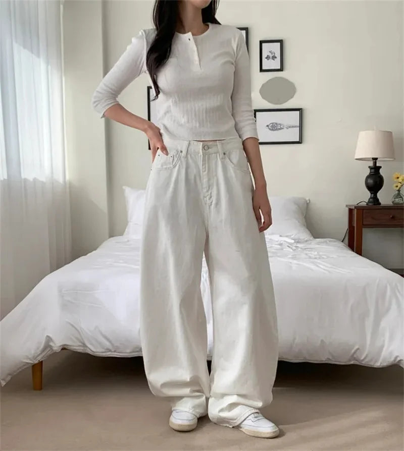 Loose Women's Denim Jeans Ba ket  Knot Design Spring New Sle Casual High Waist Wide Leg Pants Pure Color