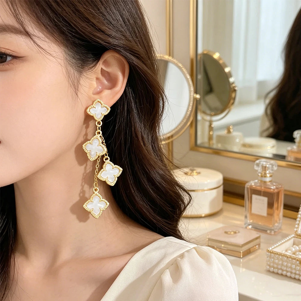 Elegant Long Clover Earrings White Shell Inlay Gold Plated Drop Earrings for Party