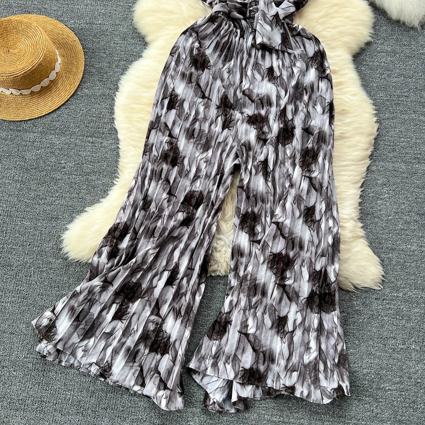 Summer Elegant Women Abstract Print Jumpsuit Chic Streetwear Wide Leg Romper Mujer V Neck Bodycon Sleeveless High Jumps