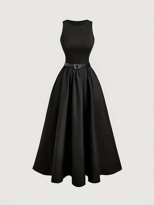 New Style Women's Dress, Professional Wear, Work Attire, Slim-Fit Dress, French Style, Elegant, Preppy Style, Sleeveless, Puffy Skirt, Long Dress, Solid Color, Women's Dress, Belt Not Included
