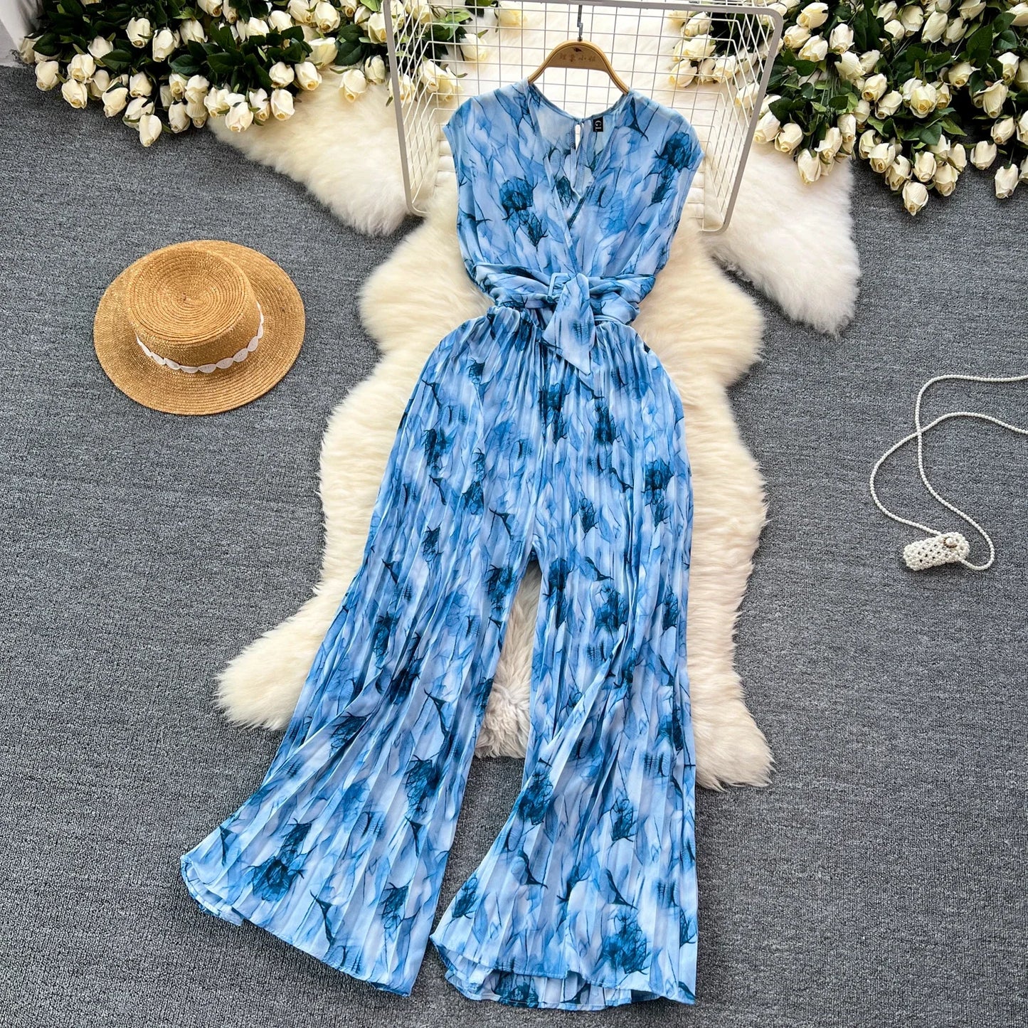 Summer Elegant Women Abstract Print Jumpsuit Chic Streetwear Wide Leg Romper Mujer V Neck Bodycon Sleeveless High Jumps