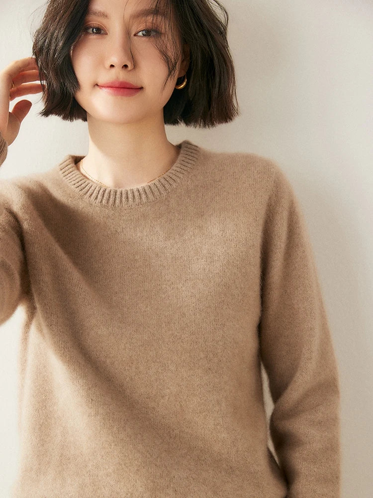 Chic O-Neck 100% Cashmere Sweater Women's Solid Color Pullover Autumn Winter Basic Casual Clothing Thick Warm knitwear Soft Tops