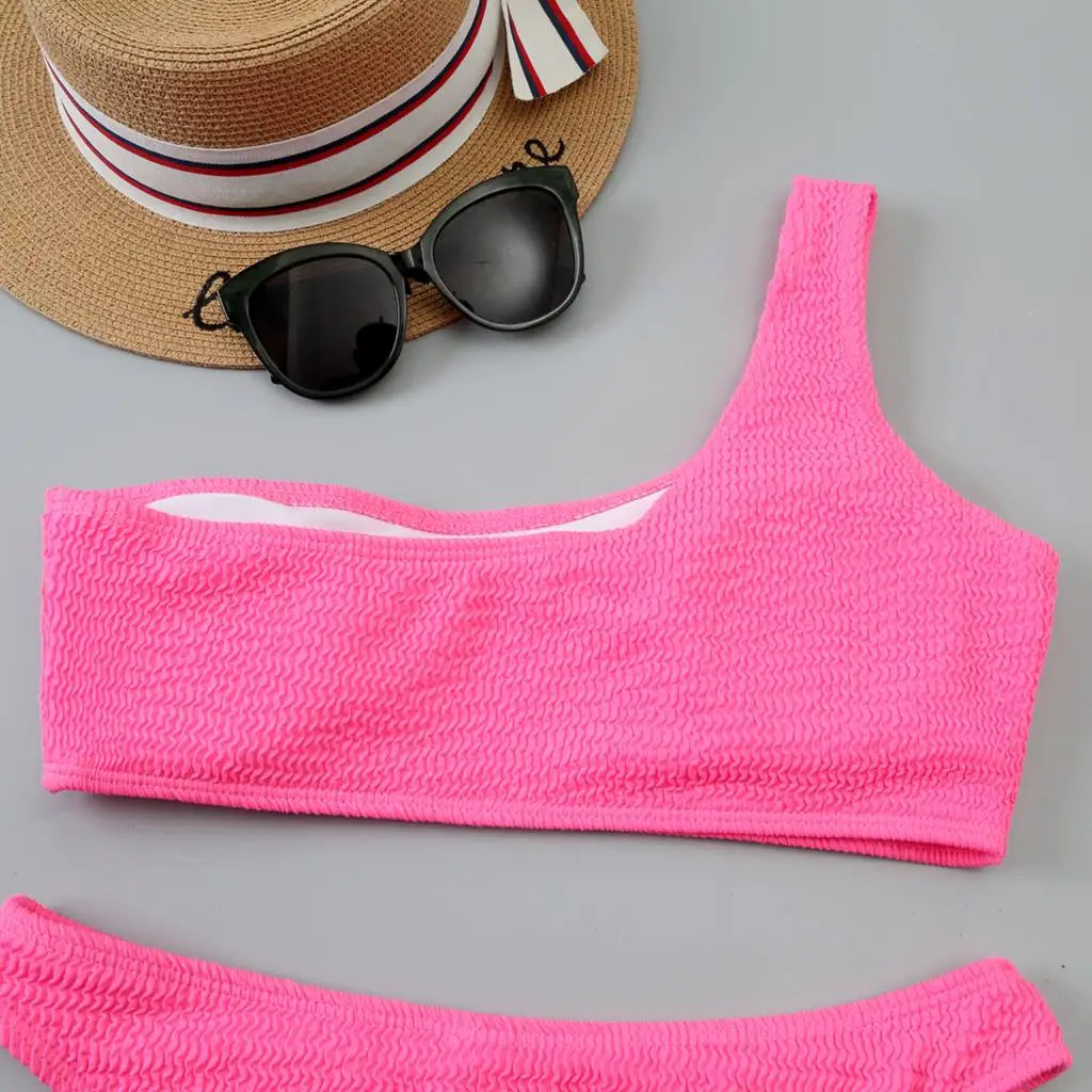 One Shoulder Bikinis 2025 Women Sexy Swimwear Female Brazilian Swimsuit Solid Beachwear Bathers Bathing Swimming Swim Suit