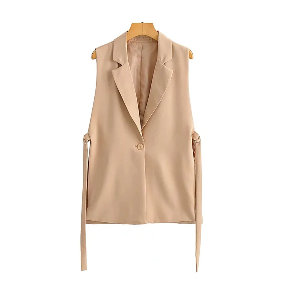 TRZA Women Fashion With Taps Side Vents Waistcoat Vintage Sleeveless Front Button Female Outerwear Chic Vest Tops