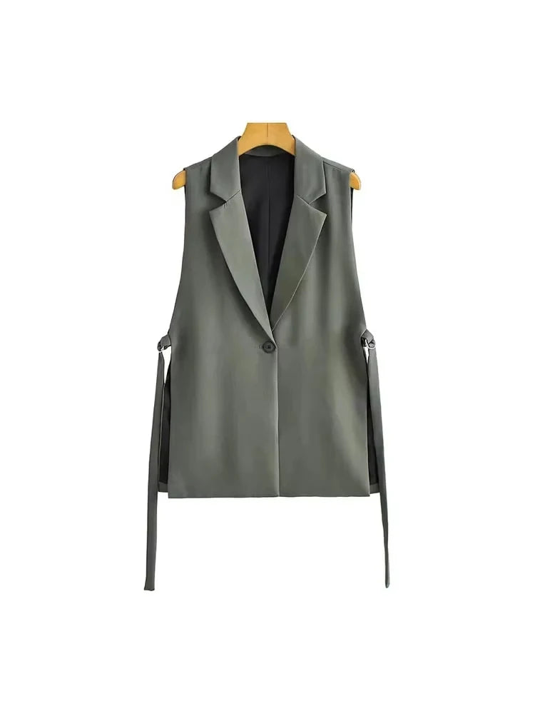 صدرية نسائية أنيقة من TRZA بفتحات جانبية وصدرية بدون أكمام وأزرار أمامية وملابس خارجية نسائية أنيقة 