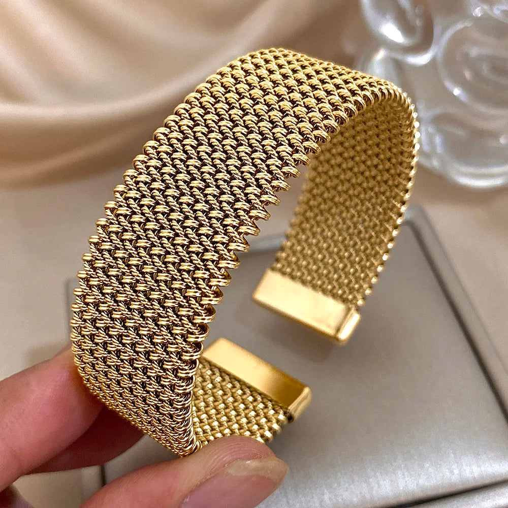 Vintage Weave Golden Cuff Bracelets for Women Elegant Trendy Stainless Steel Chunky Bracelet Bangle Waterproof Jewelry Gifts