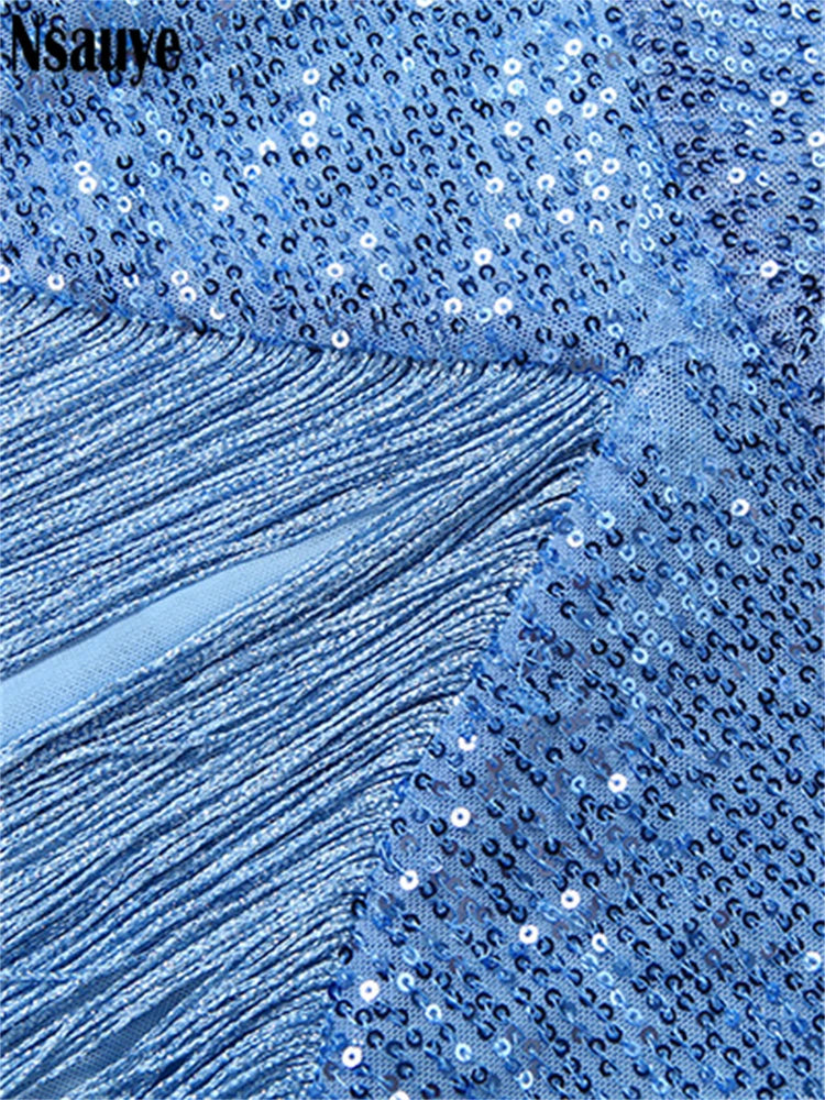 Nsauye Women Aesthetic Tassel Sequins Glitter Blue Long Dresses Party Elegant Evening Sleeveless Backless Halter Summer Dress