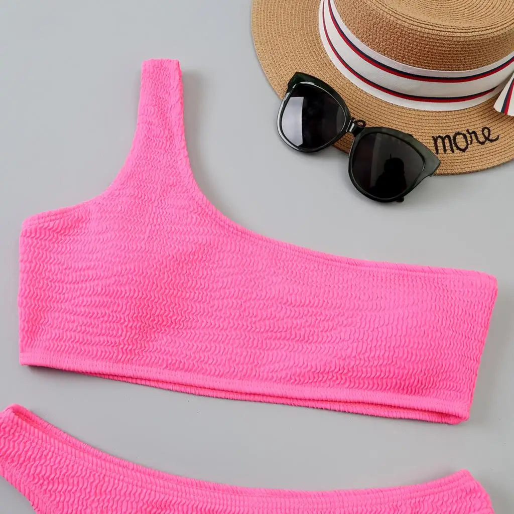 One Shoulder Bikinis 2025 Women Sexy Swimwear Female Brazilian Swimsuit Solid Beachwear Bathers Bathing Swimming Swim Suit
