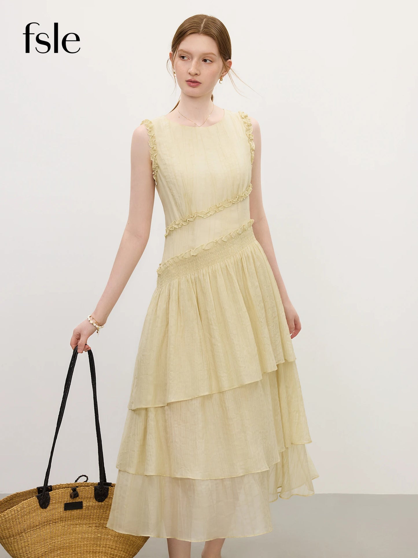 FSLE Summer 2025 Textured Pleat Dress - Fluid Asymmetric Hem Sleeveless Resort to Office Elegant Silhouette
