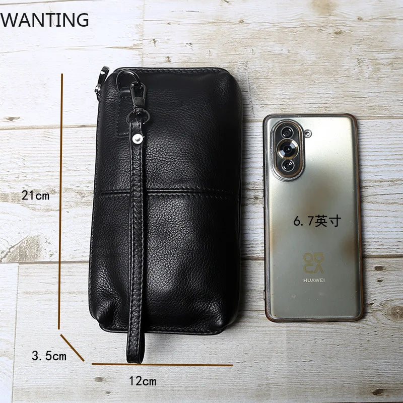 حقيبة يد جلدية أصلية للرجال من الجلد الناعم بتصميم كلاسيكي كاجوال بطبقة علوية من جلد البقر ومحفظة طويلة مع حقيبة هاتف بسحاب كبيرة السعة 