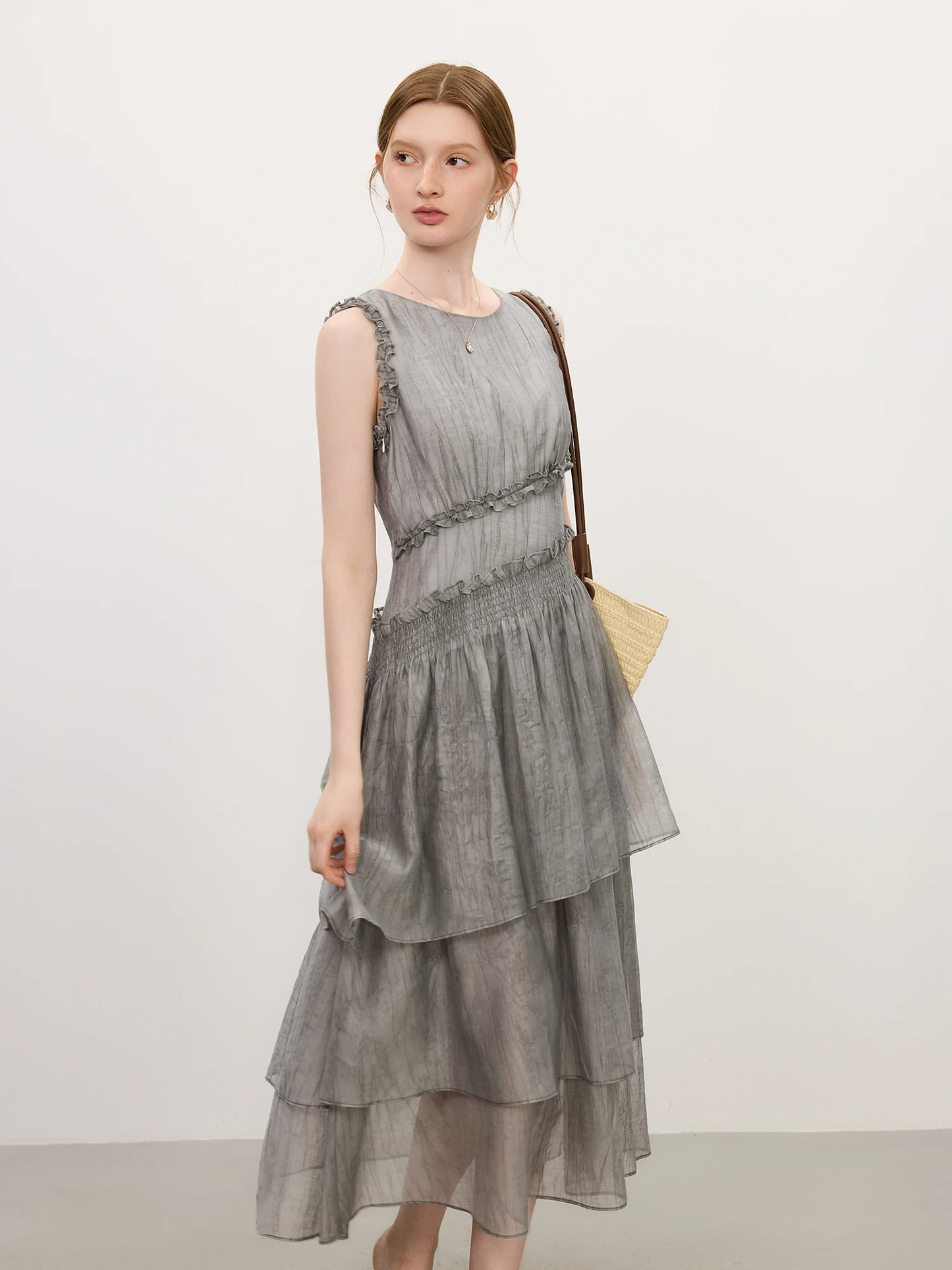 FSLE Summer 2025 Textured Pleat Dress - Fluid Asymmetric Hem Sleeveless Resort to Office Elegant Silhouette