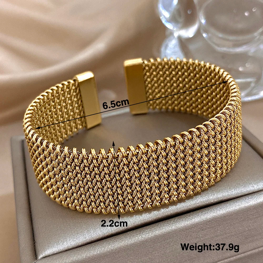 Vintage Weave Golden Cuff Bracelets for Women Elegant Trendy Stainless Steel Chunky Bracelet Bangle Waterproof Jewelry Gifts