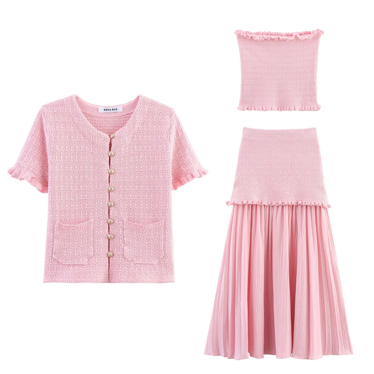 DEEABAE Autumn And Winter New Round Neck Buckle Decoration Gentle and Versatile Short Sleeve Knitted Cardigan Half Skirt Set