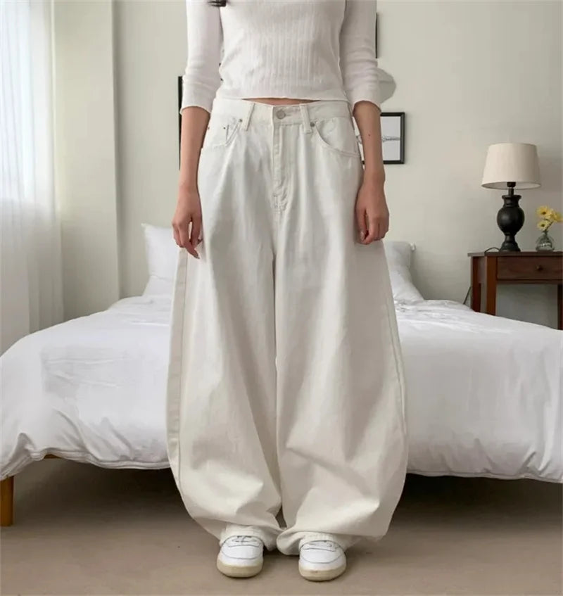 Loose Women's Denim Jeans Ba ket  Knot Design Spring New Sle Casual High Waist Wide Leg Pants Pure Color