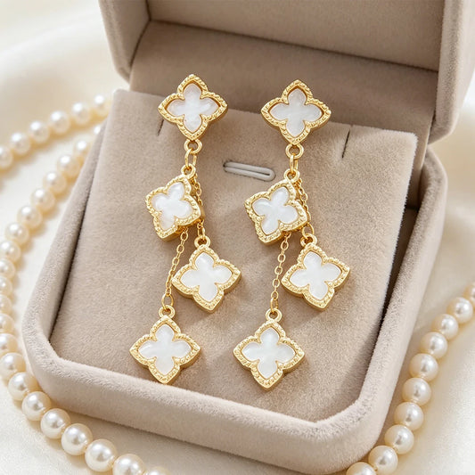 Elegant Long Clover Earrings White Shell Inlay Gold Plated Drop Earrings for Party