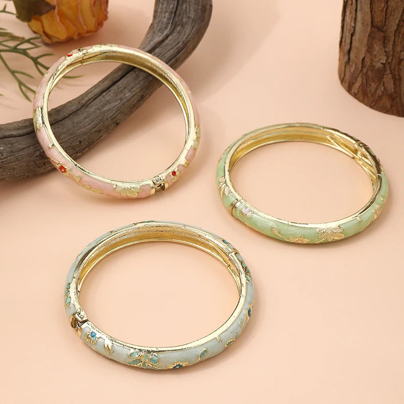 FTCY  3 Pcs Fine small Flower enamel bracelet For Women  Retro Cloisonne Bangle Gold Color Plated Bracelet For Girls Luxury Jewe