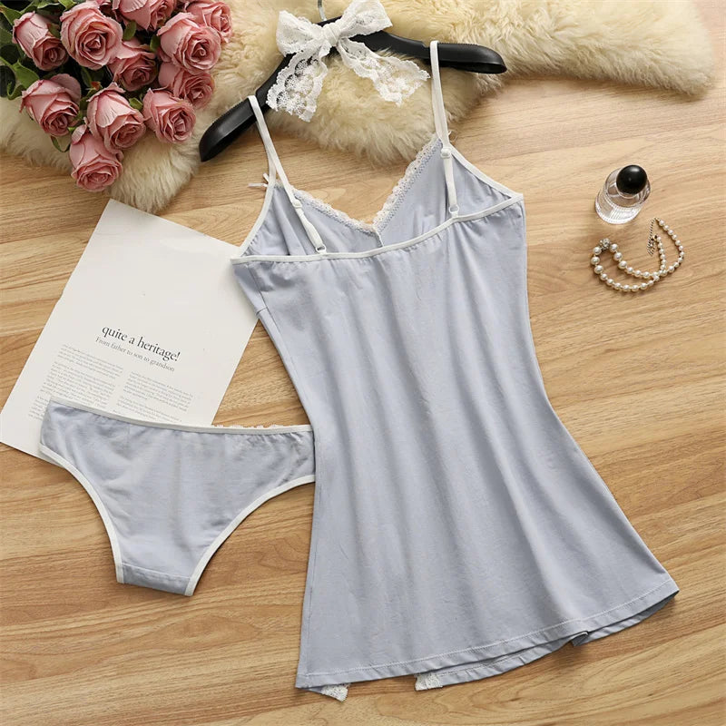 Women Pajama Cotton Suspender Nightdress 2 Pieces Pajama Set Cute Lace Nightgowns Bow Summer Sleepwear V-neck Slit Pajamas Dress