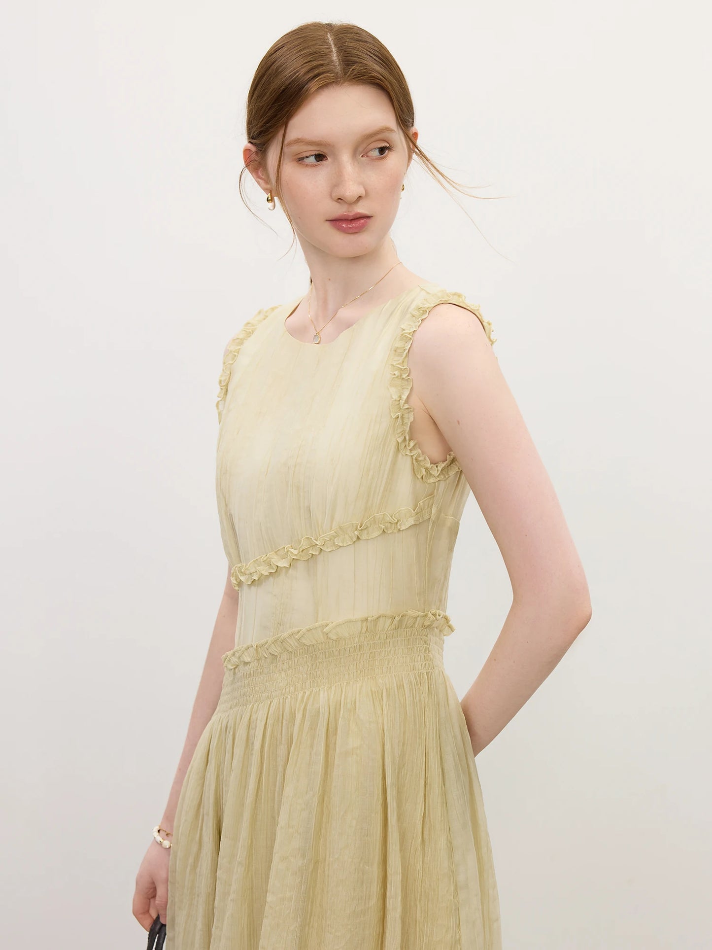 FSLE Summer 2025 Textured Pleat Dress - Fluid Asymmetric Hem Sleeveless Resort to Office Elegant Silhouette