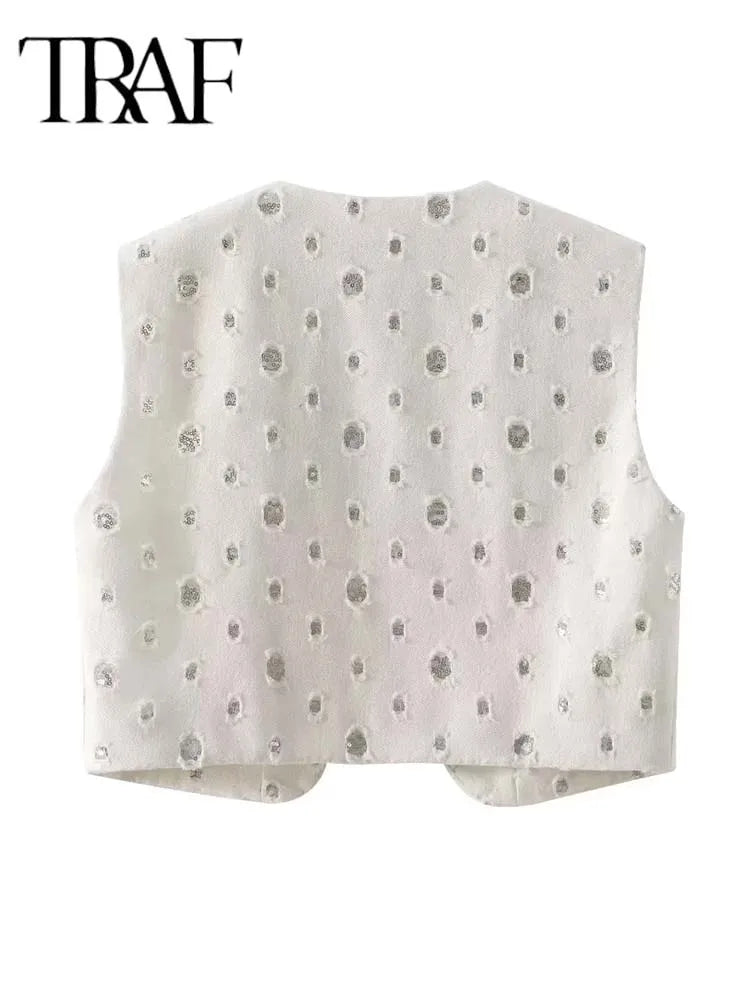 طقم تنورة أنيقة مزينة بالترتر من TRAF للنساء، مكون من قطعتين، صدرية لامعة بدون أكمام، طقم تنورة بسحاب، موضة صيف 2024 