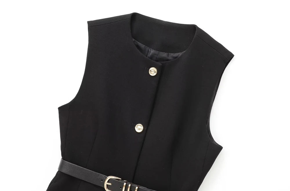 TRZA-Women's Long Waistcoat with Belt, Front Gold Button, O Neck Sleeveless Vest, Female Outerwear, Chic Tops, Fashion